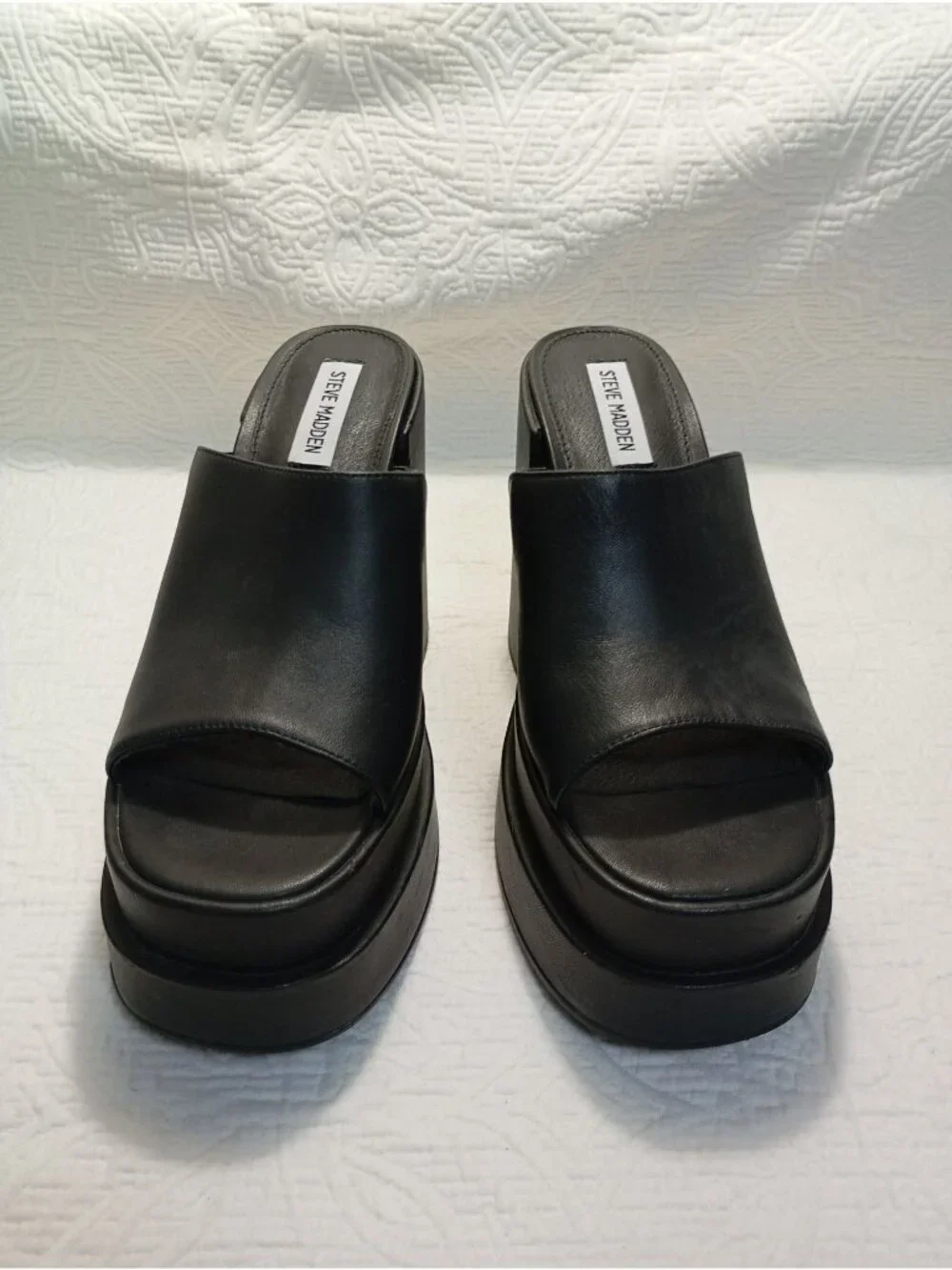 Steve Madden Womens Black Chunky Platform Open-Toe Leather Mules Size 9.5M